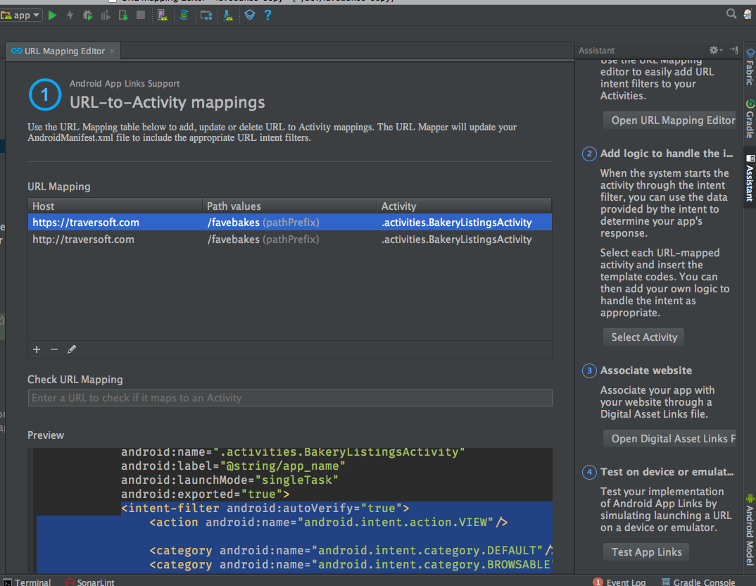 Accessing the App Links Assistant in Android Studio